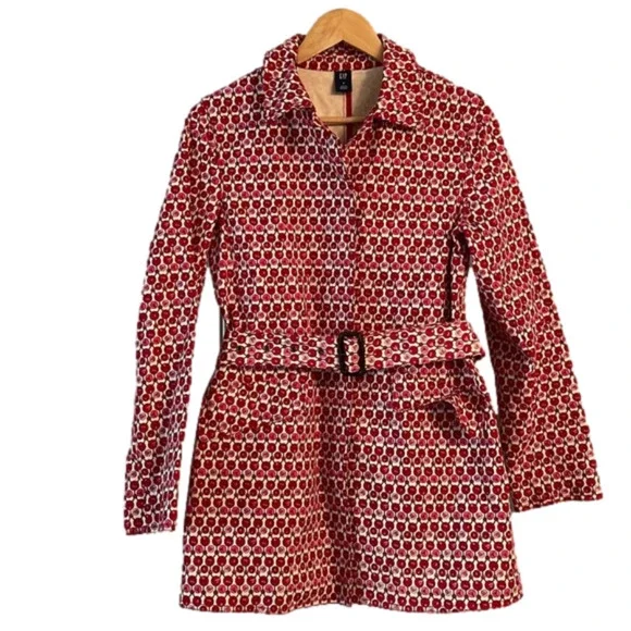 Gap Spring Tulips Pink Red Trench Coat Size Small Button Up Floral - Picture 1 of 12